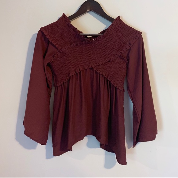 Vici Tops - VICI Ascension Off Shoulder Smocked Top - Burgundy